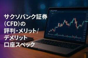 木目デスク上のノートPCにローソク足チャート。左に紫の帯――サクソバンク証券のCFDレビュー用アイキャッチ