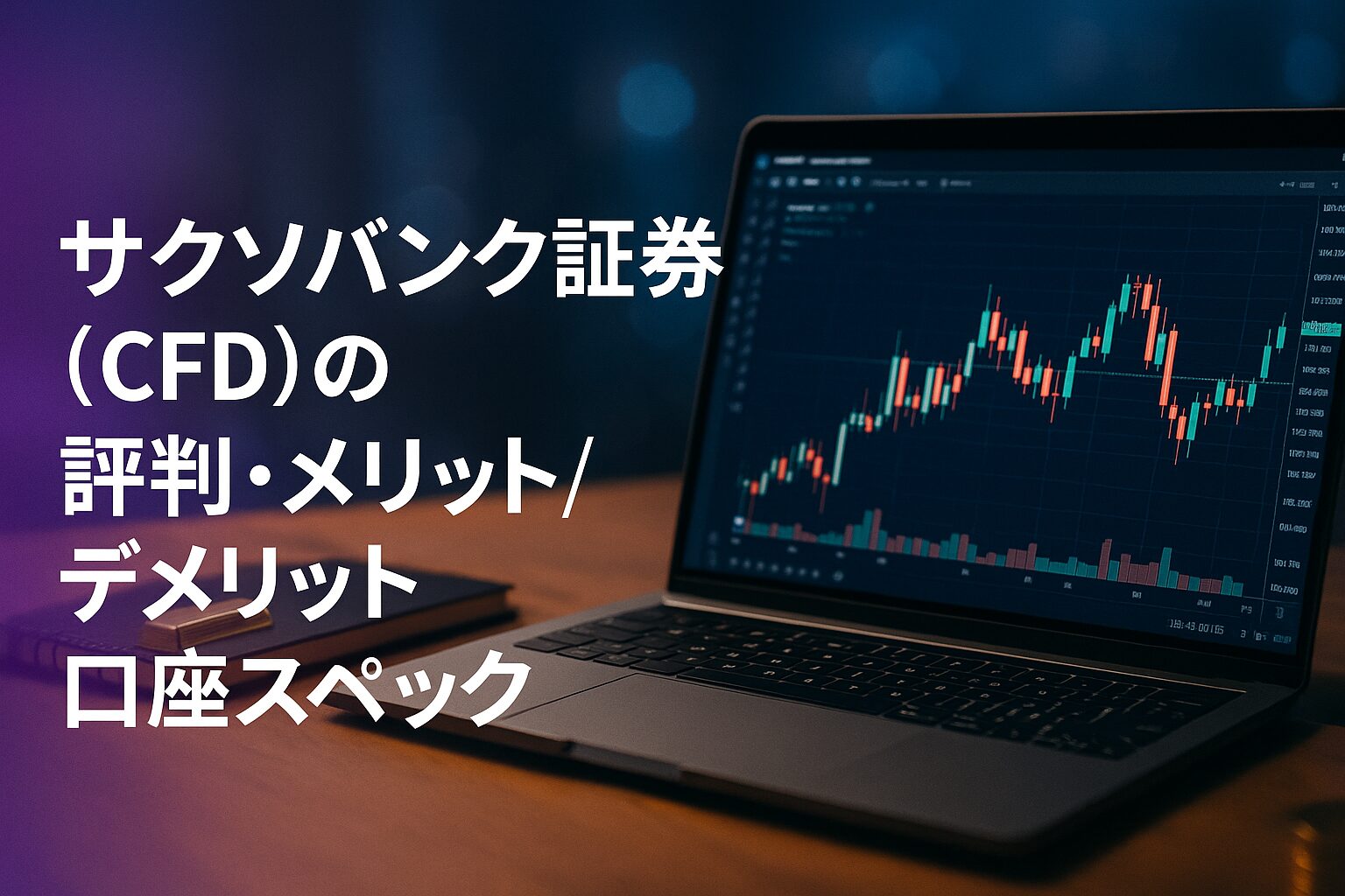 木目デスク上のノートPCにローソク足チャート。左に紫の帯――サクソバンク証券のCFDレビュー用アイキャッチ